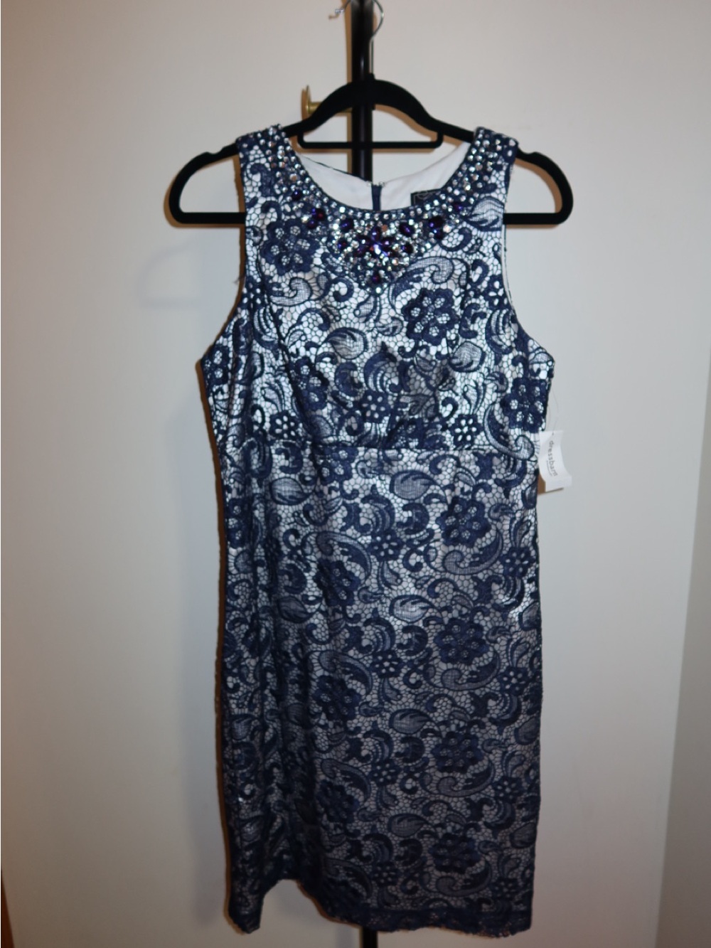 Dressbarn Navy and White Lace-Effect Jewel Neck Midi Dress